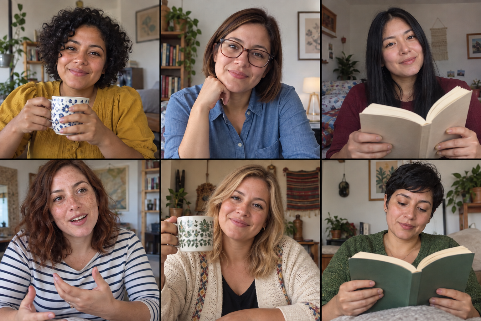 Recreación de un club online con seis mujeres adultas jóvenes compartiendo té y libros