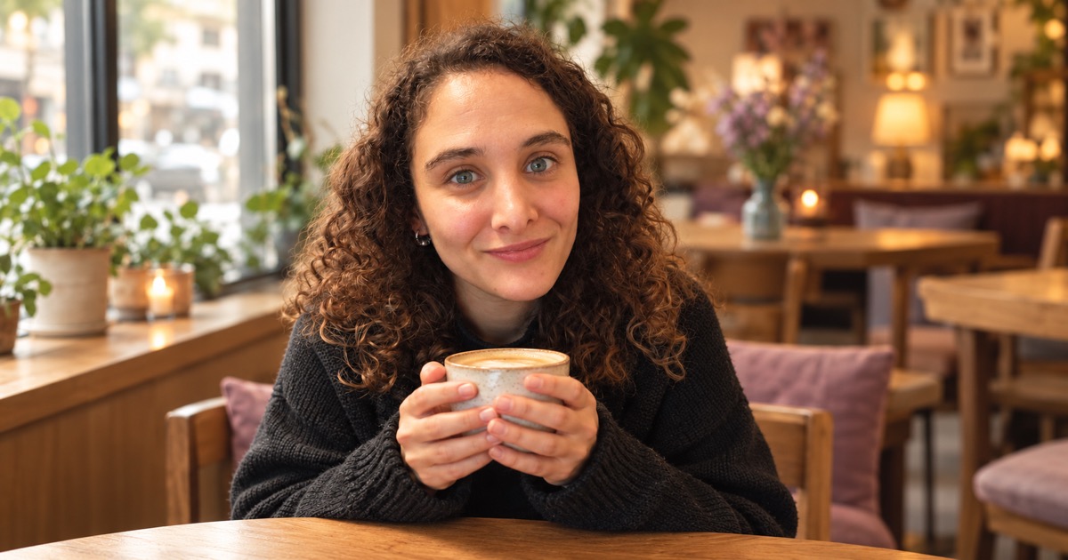 Nicole Dimonte con una taza de café