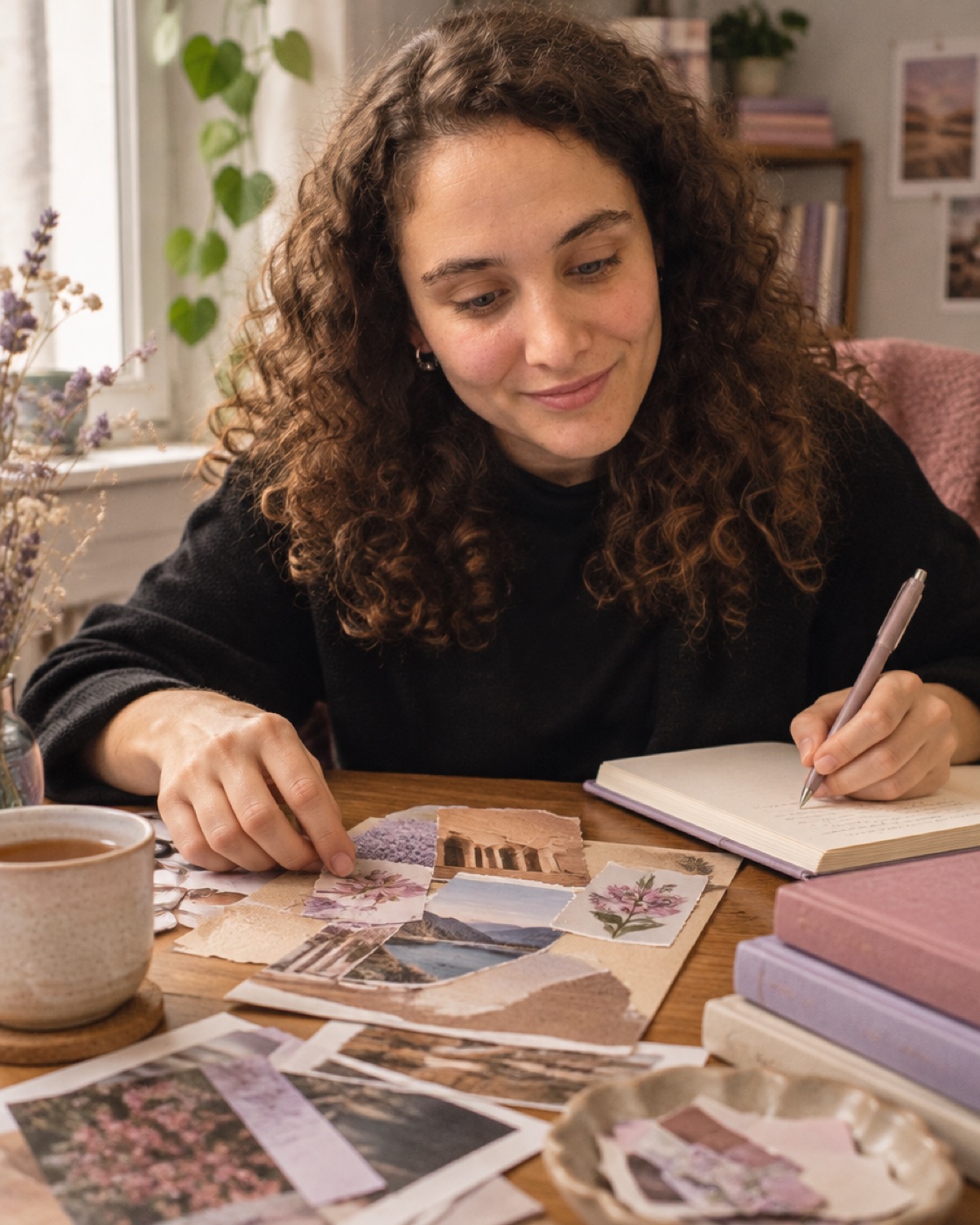 Nicole Dimonte escribiendo junto a materiales de collage