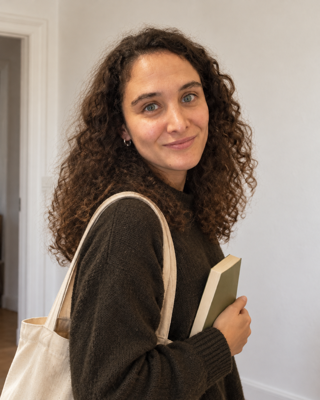 Nicole Dimonte con un libro en un interior de luz natural