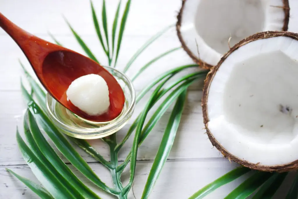 Coco en fruta, crema y aceite sobre mesa blanca y plantas