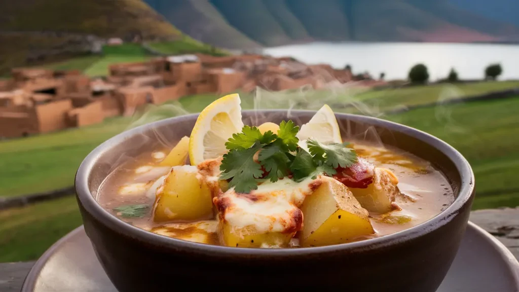 recetas de olluco plato con sopa de papa sobre fondo de paisaje